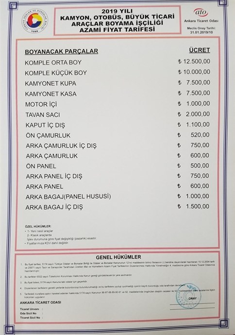 2019 Ankara boya işçiliği fiyat tarifesi